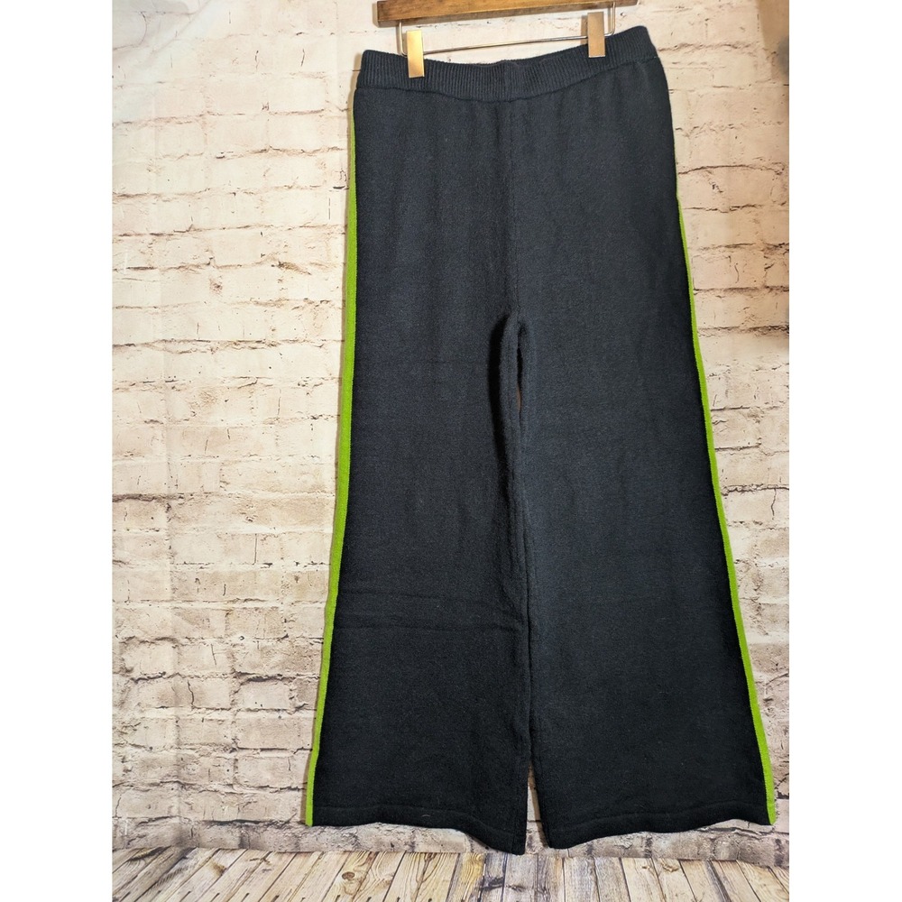 NEW Stylewe Knit Sweater Pants XL In Black & Neon Green Stripe Ultra Wide Leg